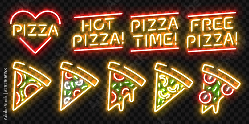 Vector set of realistic isolated neon sign of Pizza logo for template decoration and covering on the transparent background. Concept of restaurant, cafe, pizzeria and italian food.