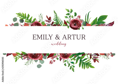 Wedding invite, invitation, save the date card. Vector floral bouquet frame design: red garden Anemone flower, seeded burgundy & silver eucalyptus branches, green fern leaves. Perfect elegant template
