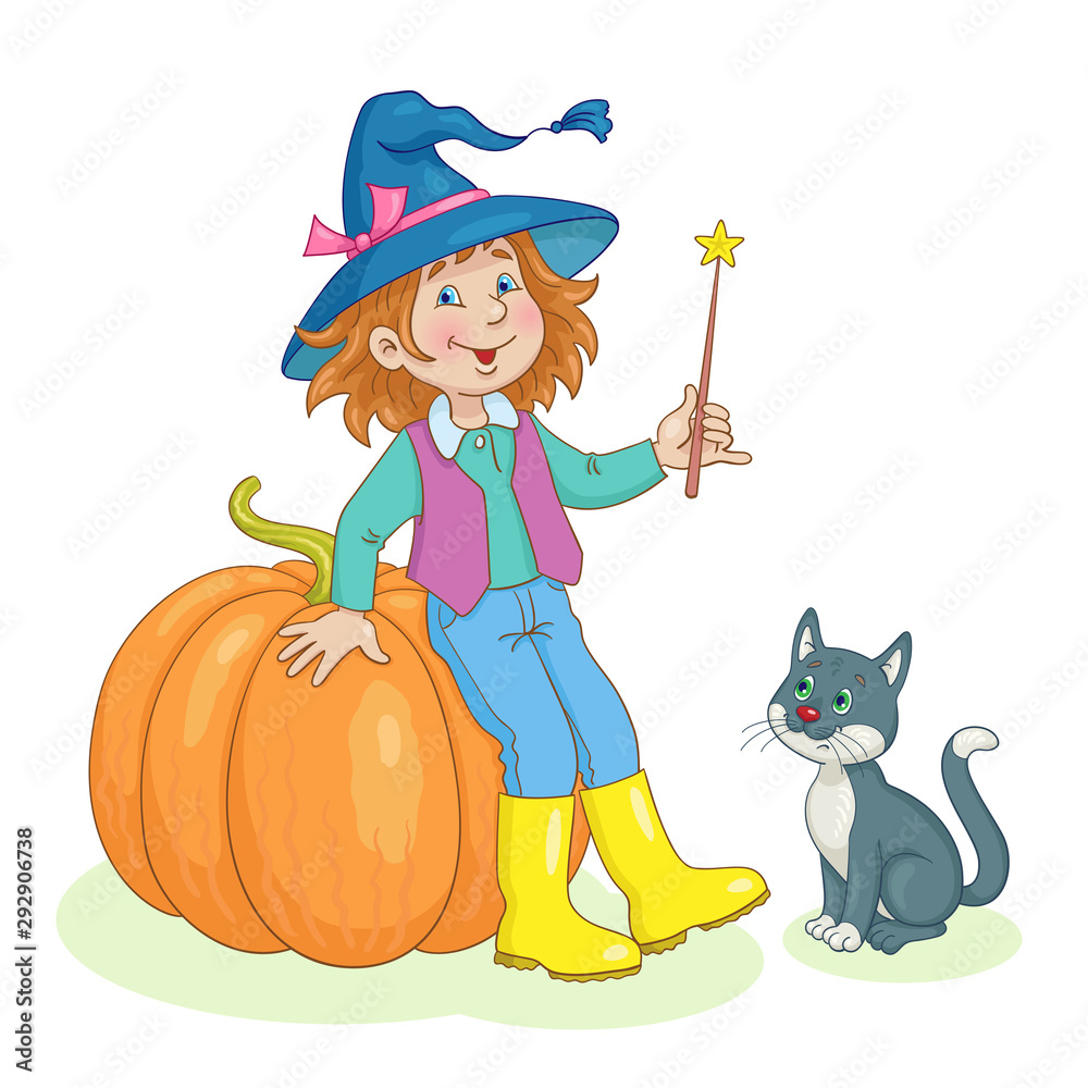 Cute little girl in a witch hat sits on a big orange pumpkin. A black and white cat is sitting near.  In cartoon style. Isolated on a white background.
