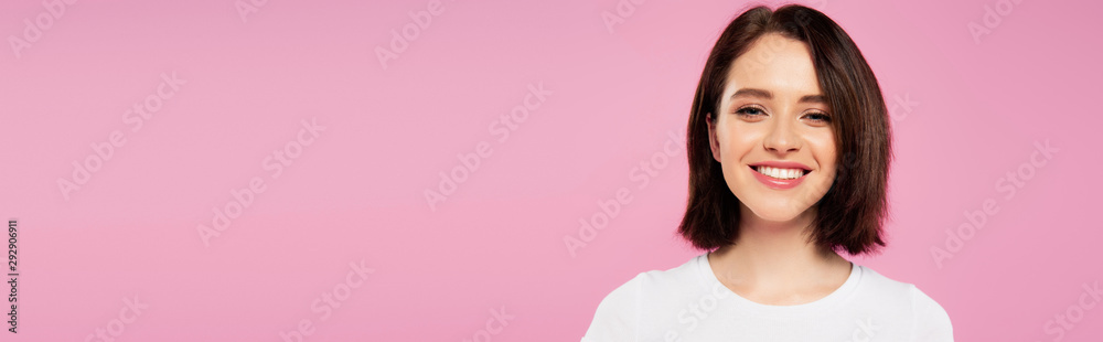 panoramic shot of beautiful smiling girl isolated on pink panoramic shot of beautiful smiling girl isolated on pink