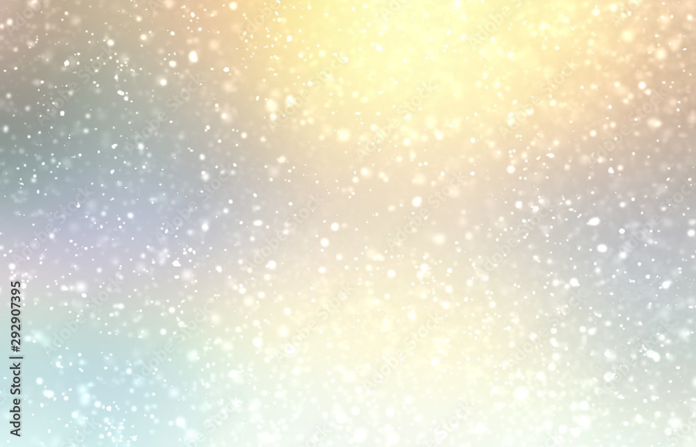 Obraz premium Fairy tale winter holiday background. Fluffy snow falling on golden delicate blur backdrop. Light yellow blue soft illustration. Shiny outside abstract template.