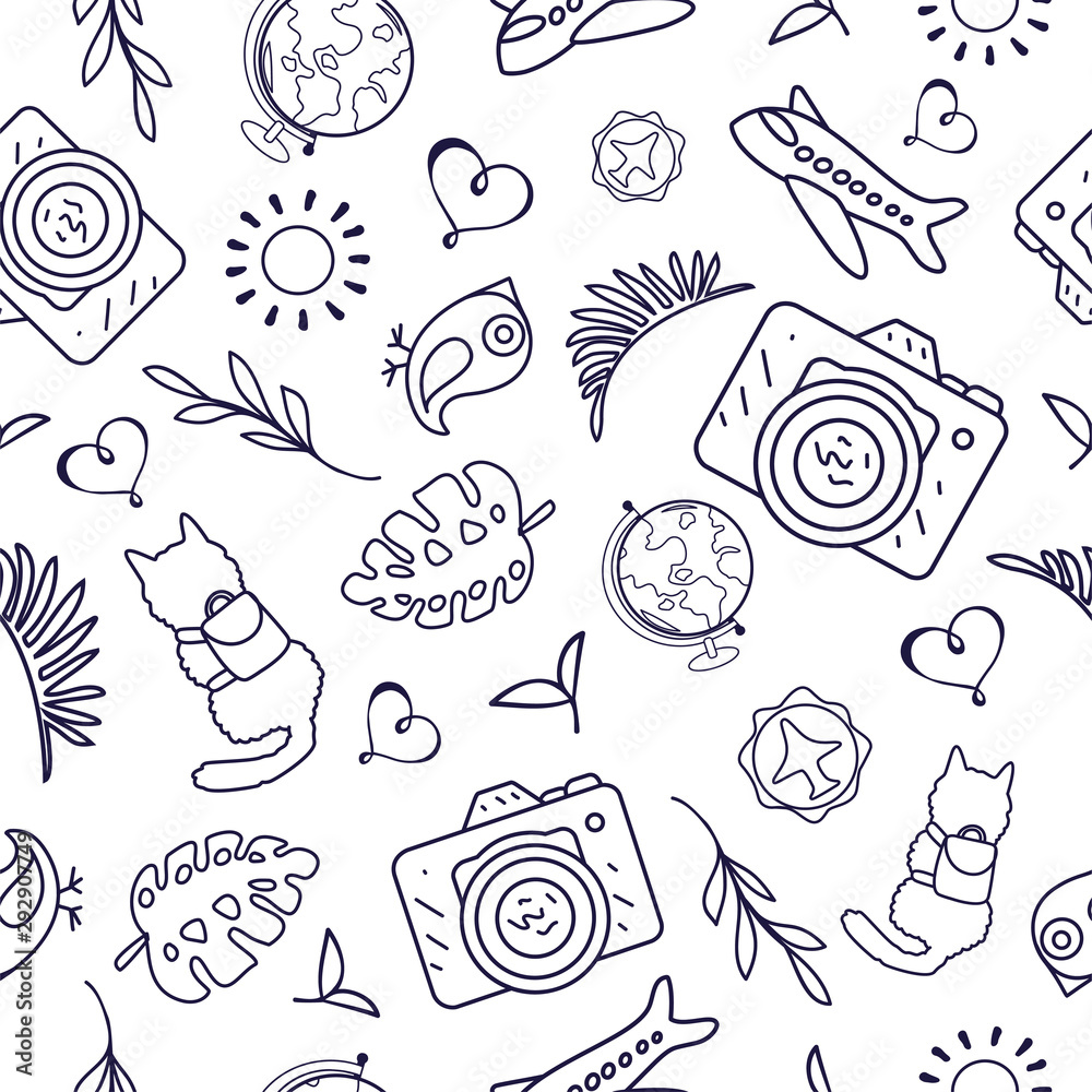 Seamless doodle pattern with travel objects.