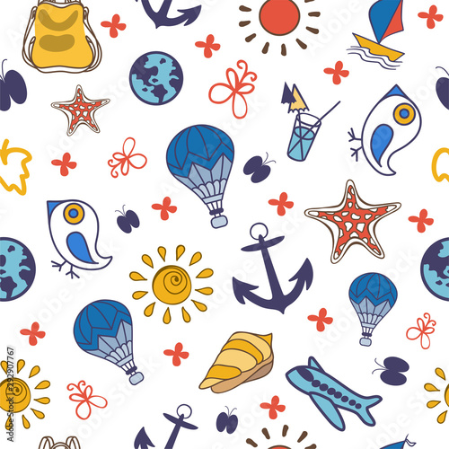 Seamless doodle pattern with travel objects. © sofi01sp