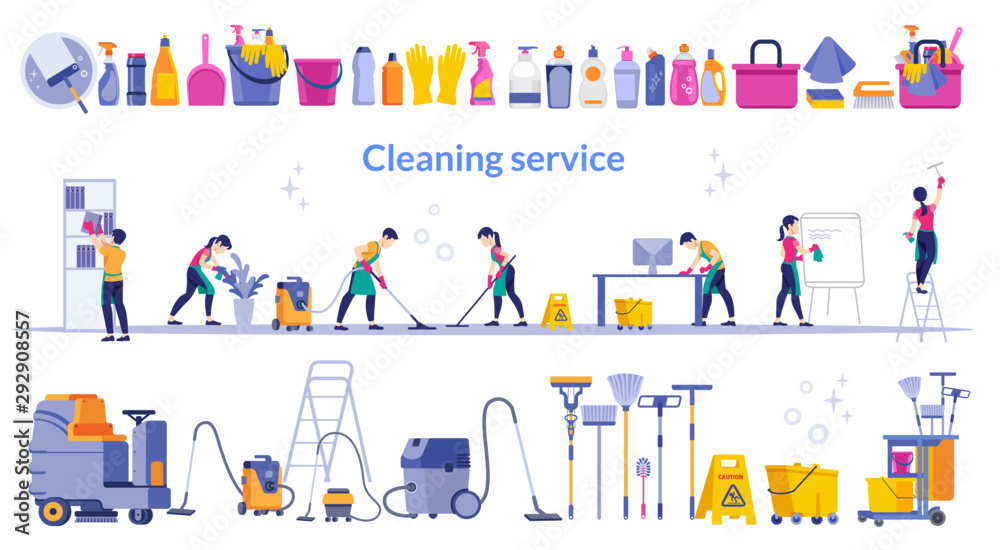 Cleaning service. Team of cleaning service working at office and a large set cleaning tool. Cleaning service. Team of cleaning service working at office and a large set cleaning tool.