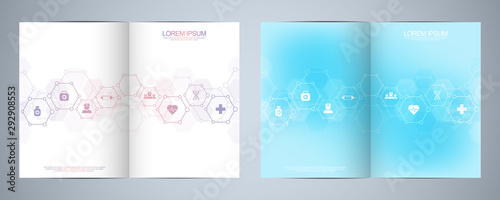 Template brochure or cover book, page layout, flyer design. Concept and idea for health care business, innovation medicine, pharmacy, technology. Medical background with flat icons and symbols. © berCheck