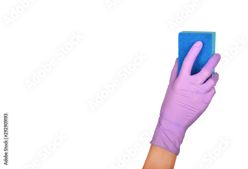 Sponge for washing dishes in female hand. Hand in a latex glove isolated on white. Woman's hand gesture or sign isolated on white.