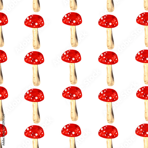 Seamless pattern with hand-drawn fly amanita on white background.