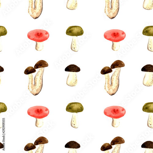 Seamless pattern with hand-drawn bright autumn mushrooms on a white background.