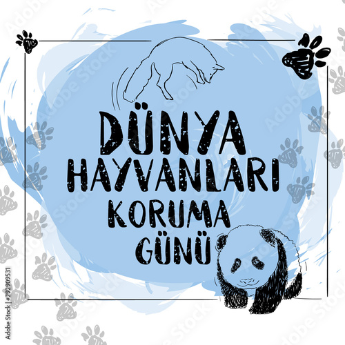 Dunya Hayvanlari Koruma Gunu (World Animal Day) With cute little baby panda and jumping fox. Sketch and doodle style.