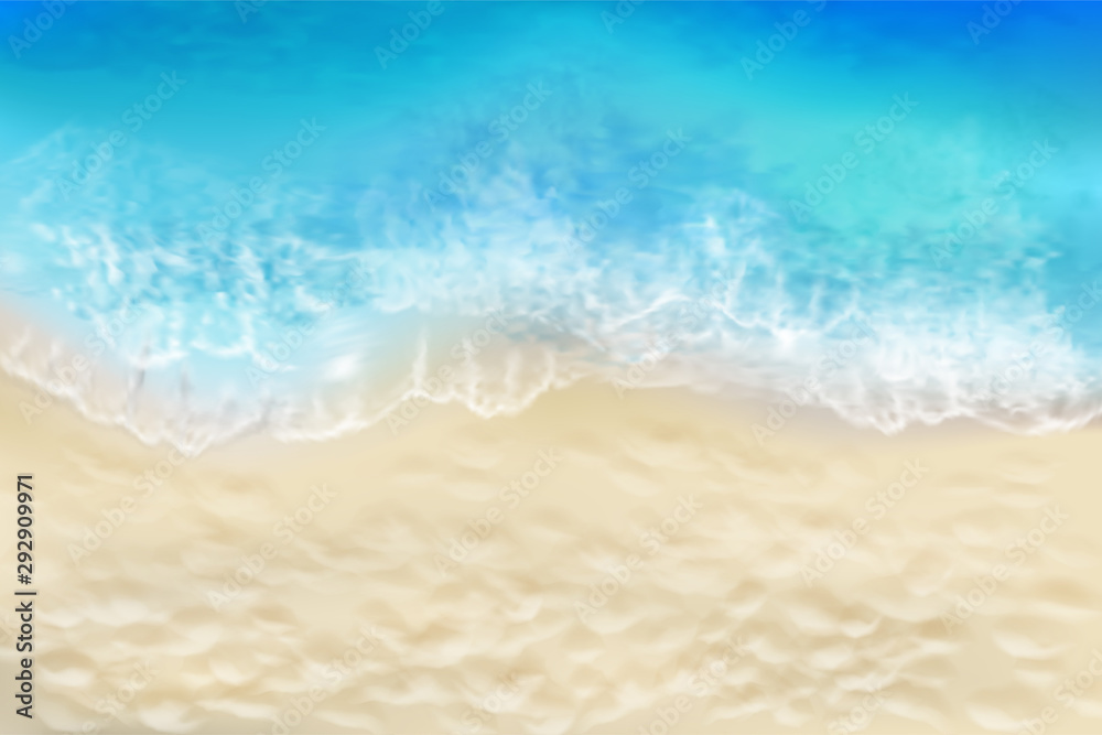 Waves on the seashore. View from the top of the sandy beach. Summer day. Vector illustration.