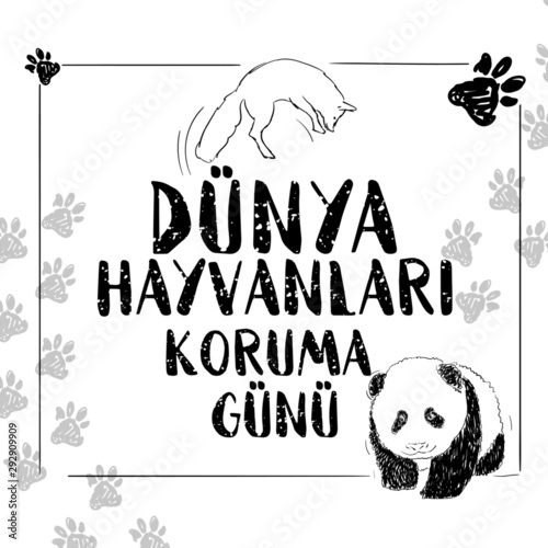 Dunya Hayvanlari Koruma Gunu (World Animal Day) With cute little baby panda and jumping fox. Sketch and doodle style. photo