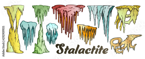 Stalactite And Stalagmite Color Set Vector. Collection In Different Form Cave Stalactite. Mineral Formations Engraving Template Hand Drawn In Vintage Style Illustrations