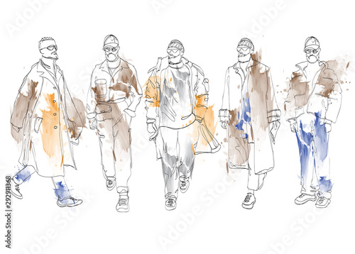 Stylish handsome mans in fashion clothes. Hand drawn beautiful young mens. Stylish mens. Fashion mens sketch. Fashion men model.