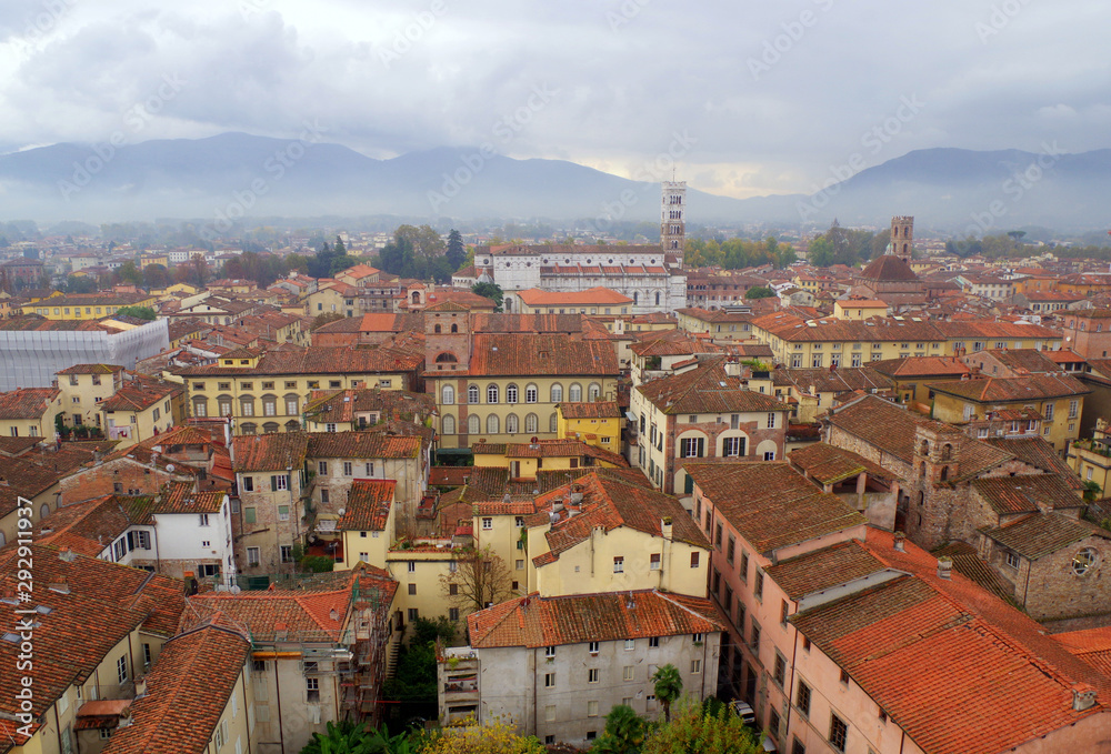 A view of the city Lucca in a rainy day