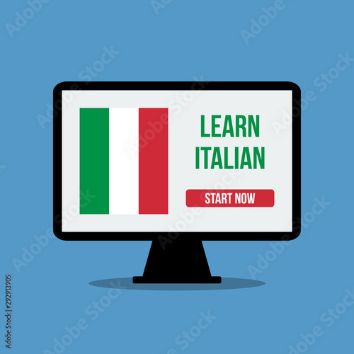 italy flag with learn italian title and button start now on desktop personal computer display, flat vector illustration