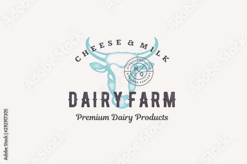 Hand drawn logo cow head silhouette and modern vintage typography retro style vector illustration.