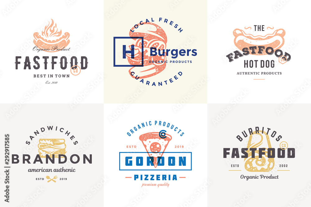 Fototapeta Ręcznie rysowane logo fast food i etykiety z nowoczesnym stylu vintage typografii zestaw ilustracji wektorowych.
