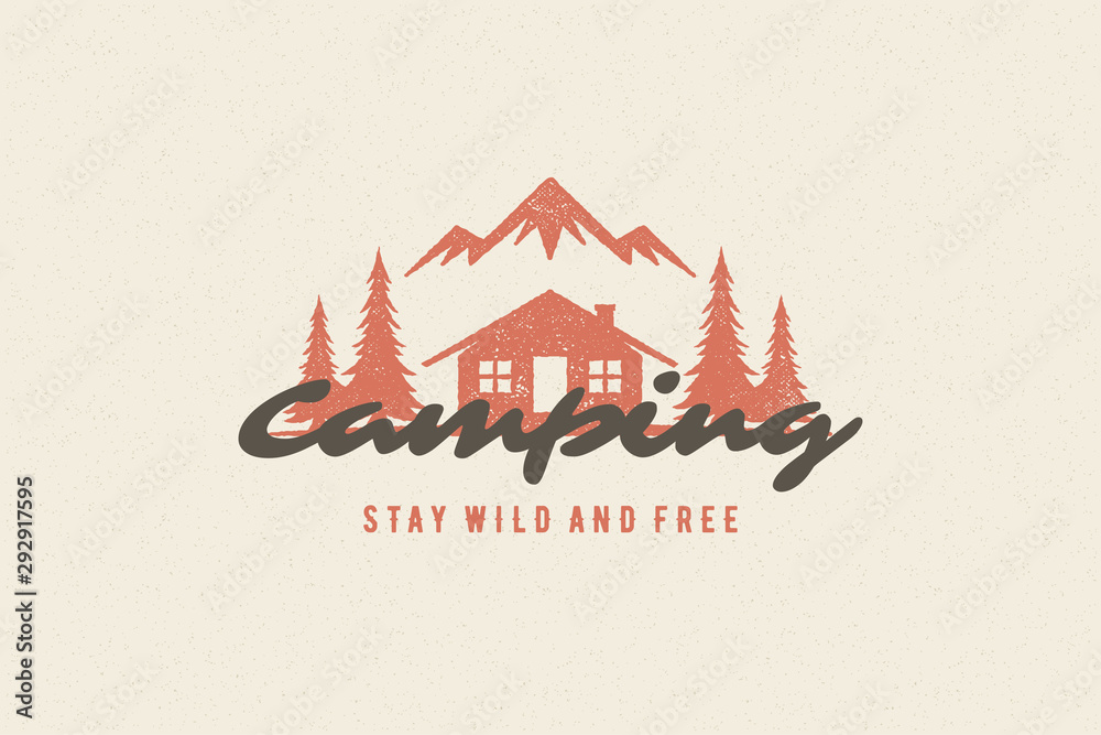 Saying quote typography with hand drawn camping cabin symbol and mountains for greeting cards and posters - obrazy, fototapety, plakaty 