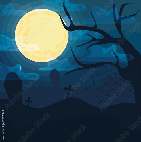 creepy landscape of night halloween with full moon