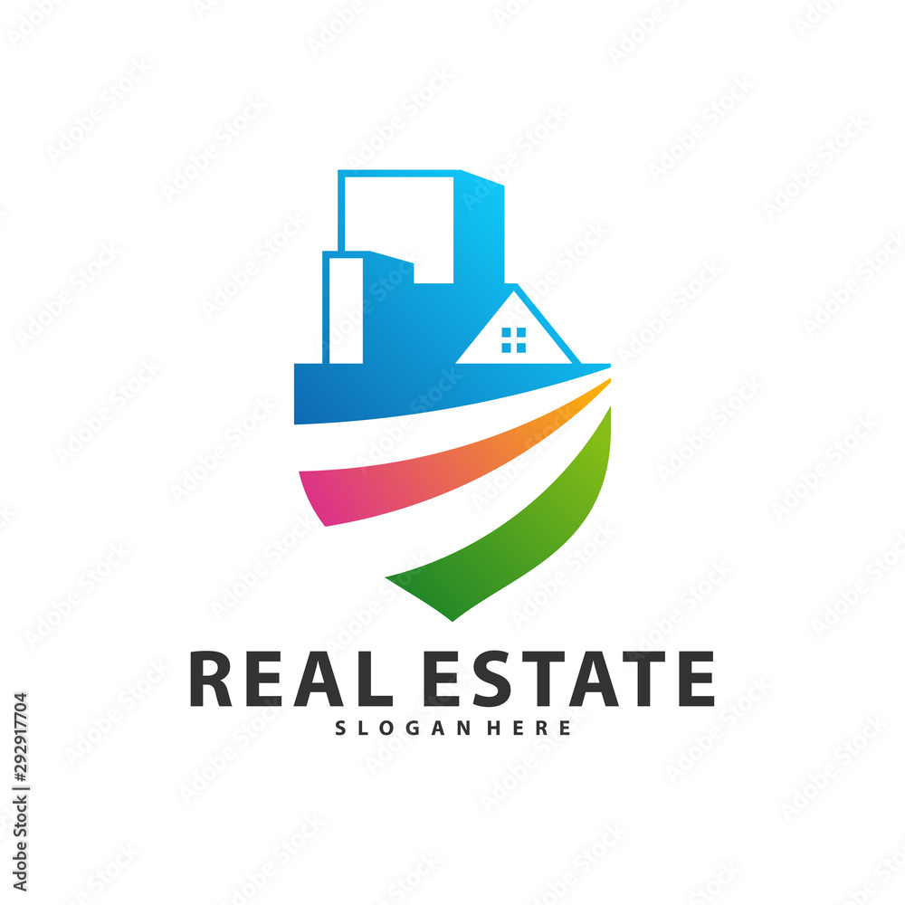 Shield with Building Idea logo template, Modern City with Shield logo designs concept, Real Estate logo Vector Illustration