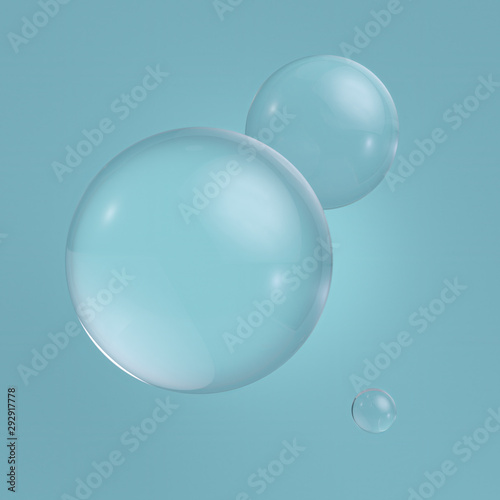 3d clear glass balls  transparent bubbles  isolated on blue background. Clean style