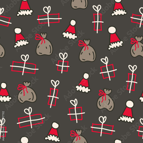 Vector seamless christmas pattern in brown and red. Simple doodle gift and santa hat andsanta bag made into repeat. Great for background, wallpaper, wrapping paper, packaging.