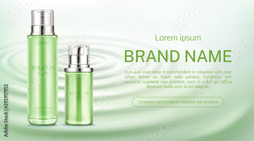 Cosmetics bottles mock up banner. Natural beauty product spray and pump tubes package on green water surface background. Eco moisturize cosmetic skin care promo ad. Realistic 3d vector illustration