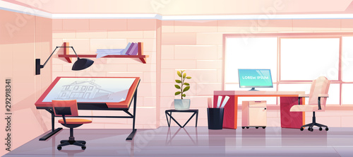 Architect office with blueprint. Empty designer studio interior design with adjustable drawing desk, chair and computer. Workshop or engineer room, workspace for artist. Cartoon vector illustration