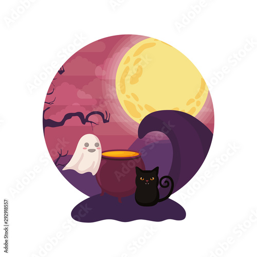 scene of cauldron with icons halloween