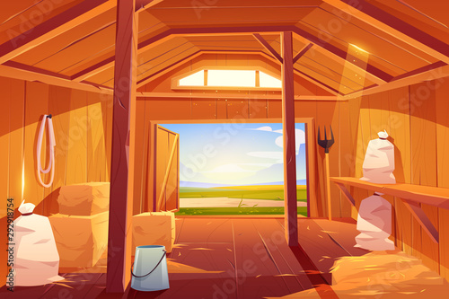 Farm barn house inside. Empty wooden ranch interior with haystacks, sacks, fork, open gate and green summer field outside view. Traditional countryside storehouse building. Cartoon vector illustration