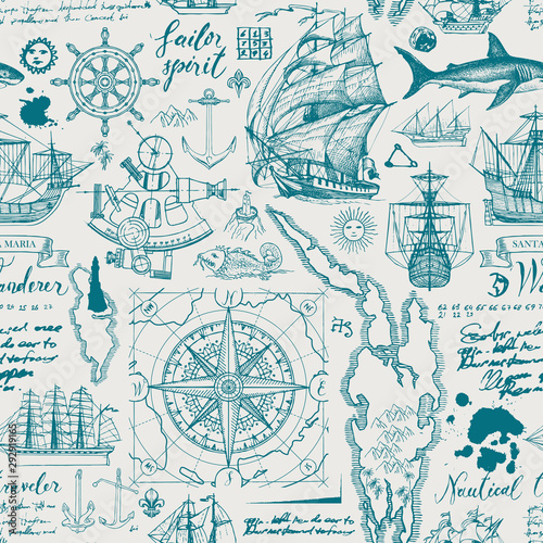 Vector abstract seamless pattern on the theme of travel, adventure and discovery. Vintage repeatable background with hand-drawn sailboats, map, wind rose, anchors, sketches, inscriptions and ink blots