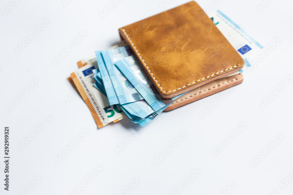 Leather bifold wallet with euro money bill Leather bifold wallet with euro money bill