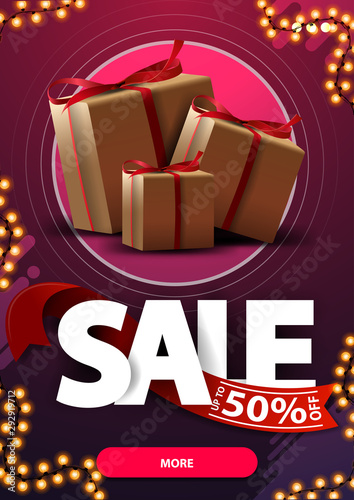 Sale, up to 50% off, vertical pink discunt banner with large letters and gift boxes