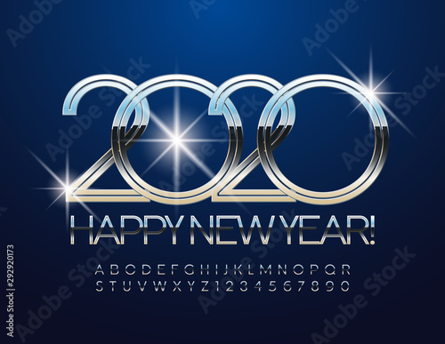 Vector silver greeting card Happy New 2020 with Modern Font. Metallic Uppercase Alphabet. Shiny chrome Letters and Numbers
