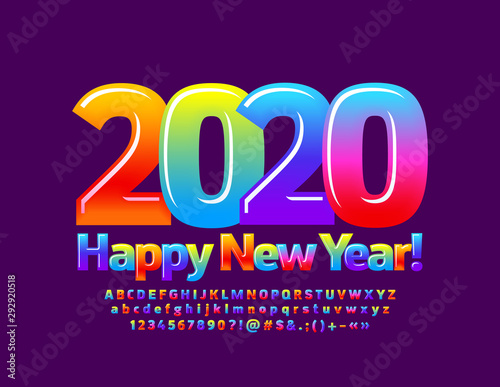 Vector bright Greeting Card Happy New Year 2020! Colorful Glossy Font for Kids. Candy Alphabet Letters, Numbers and Symbols. 