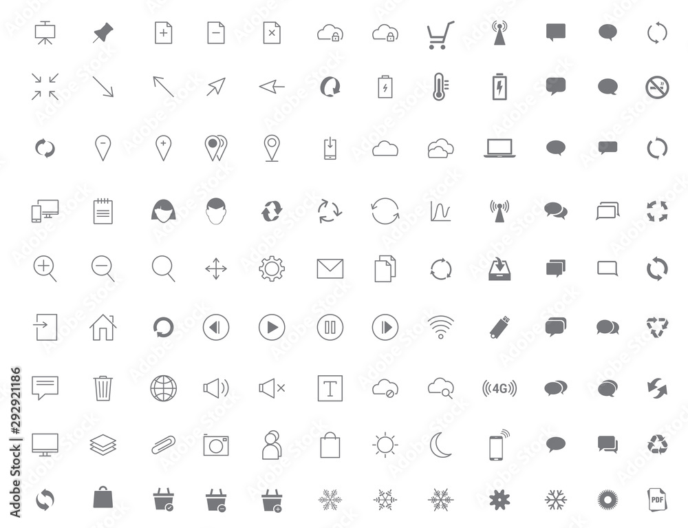 Vector collection of universal black flat icons for web, technology, communication, connectivity, music, media, finance, environment and  more.