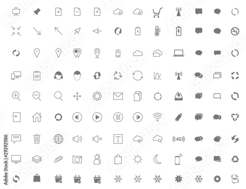 Vector collection of universal black flat icons for web  technology  communication  connectivity  music  media  finance  environment and  more.