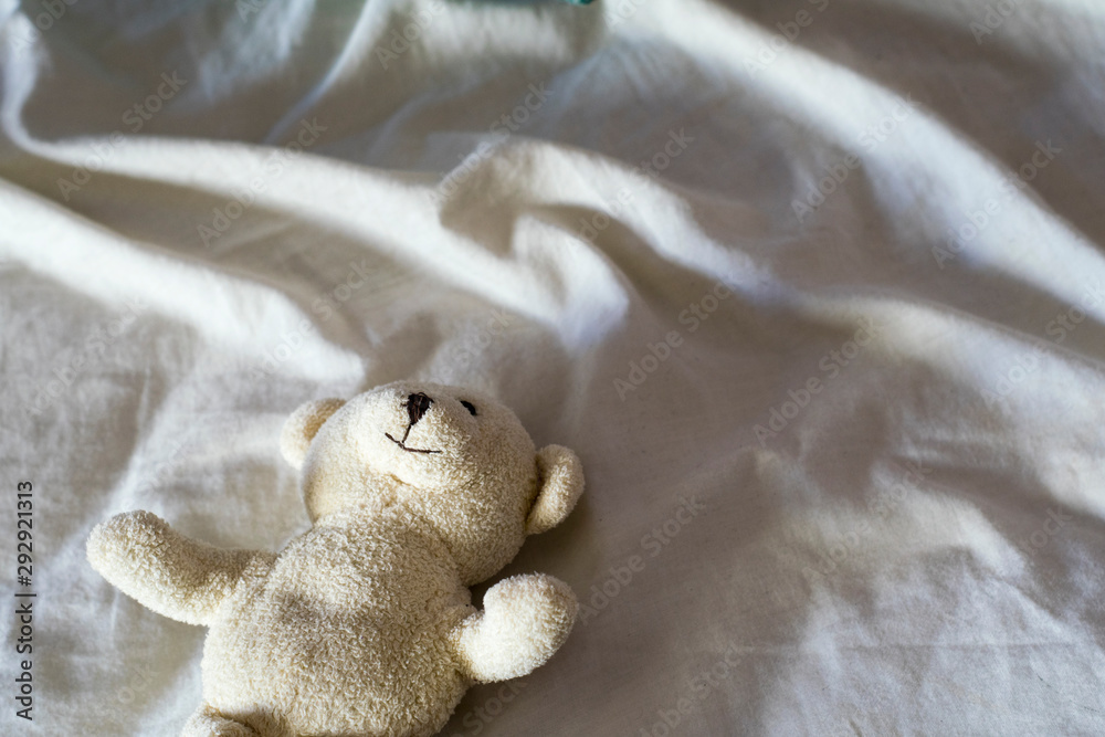 white teddy bear in bed
