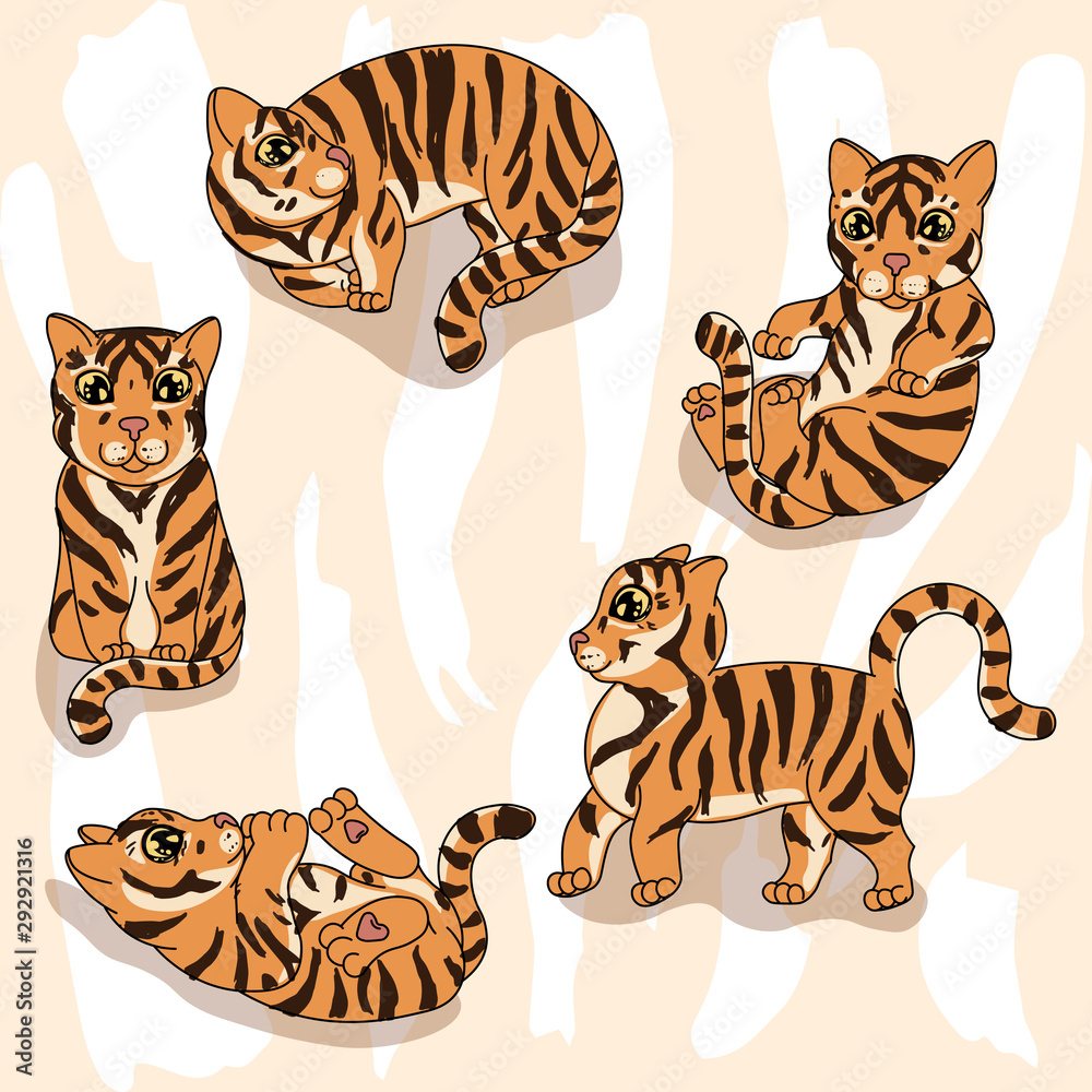 cute tiger kittens, cartoon animals, wild cat kitten, texture light background, editable vector illustration cute tiger kittens, cartoon animals, wild cat kitten, texture light background, editable vector illustration
