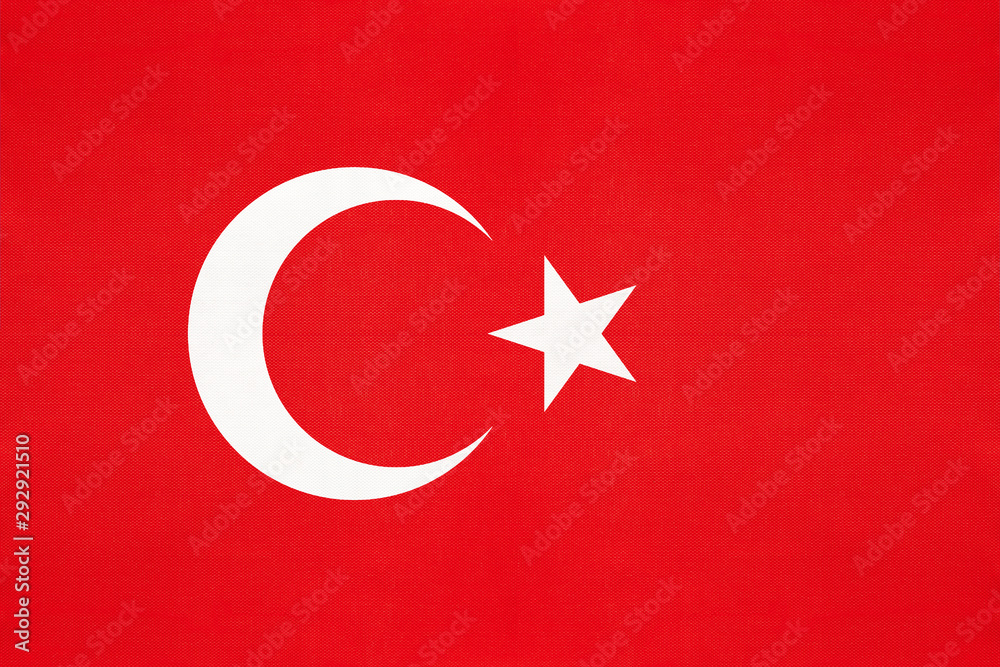 Turkey national fabric flag, textile background. Symbol of international asian world country.