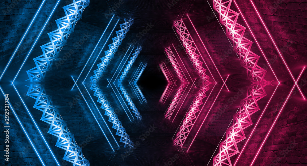 Dark scene, room with neon light beams. Futuristic neon background. Smoke, night view, wall lighting. Abstract light, light tunnel, backlit design on stage. Brick wall. 3D illustration. Dark scene, room with neon light beams. Futuristic neon background. Smoke, night view, wall lighting. Abstract light, light tunnel, backlit design on stage. Brick wall. 3D illustration.