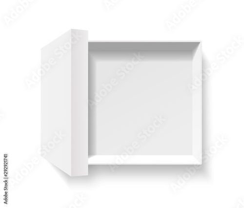 Open square pack box. Empty cardboard container template. 3d top view illustration with transporented shadow isolated on white. Blank space inside pakage mockup. Closeup realistic vector object.