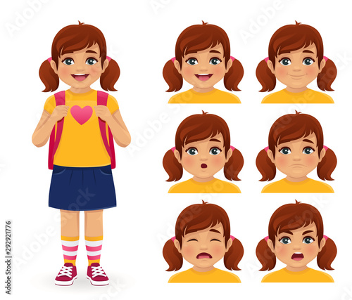 School girl with backpack emotions set isolated vector illustration