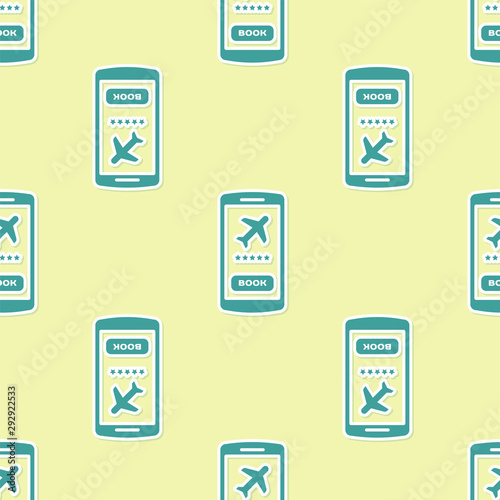 Green Smartphone with electronic boarding pass airline ticket icon isolated seamless pattern on yellow background. Passenger plane mobile ticket for web and app. Vector Illustration