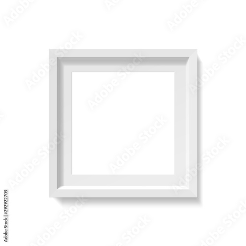Empty square picture frame mockup. Photo container template. 3d top view illustration with transporented shadow isolated on white wall. Blank space for paper poster. Closeup realistic vector object.