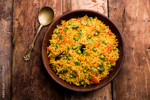Tawa Pulao/Pulav/Pilaf/Pilau is an Indian Street Food  made using basmati rice, vegetables and spices. Selective focus
