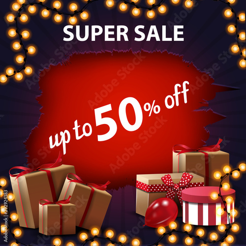 Super sale, up to 50% off, discount purple banner with hole and gift boxes
