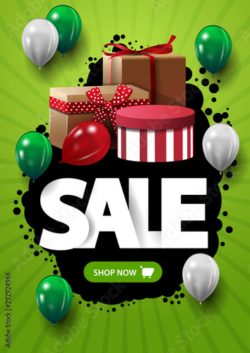 Sale, verical green discount banner with button, blot, balloms and gift boxes