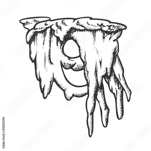 Ice Stalactite In Beautiful Form Monochrome Vector. Mineral Formations In Caves Stalactite. Icicle-Shaped Engraving Template Hand Drawn In Vintage Style Black And White Illustration
