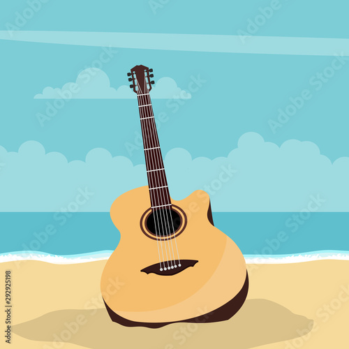 Acoustic guitar design with beach background in summer
